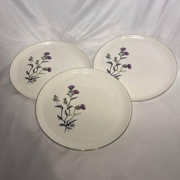Vtg French Saxon China 22k Gold Thistle Plates Set Of 3 USA Floral Dinnerware - Picture 1 of 8